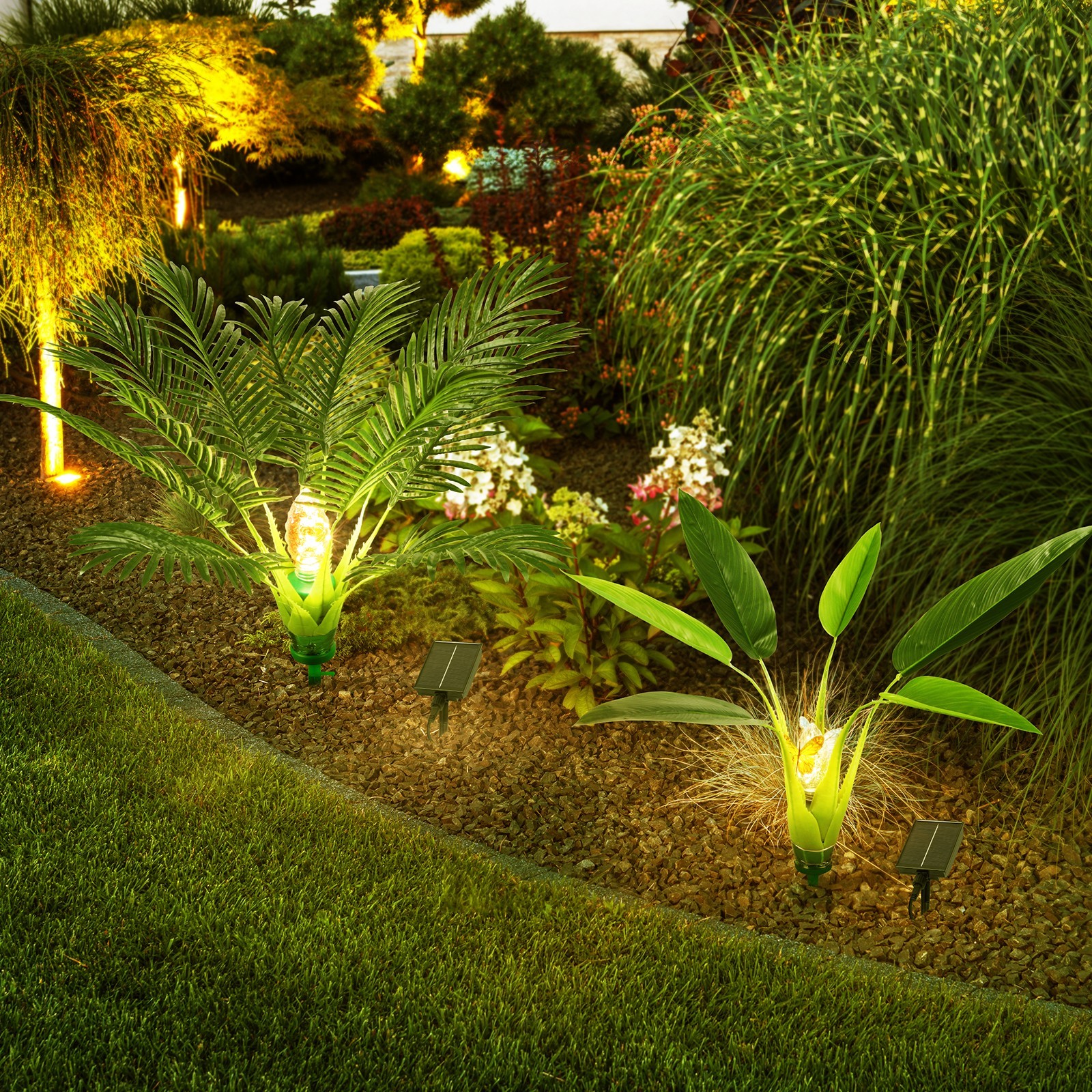 2PCS Artificial Plants Outdoor with Solar Lights Realistic Fake Plants for Yard