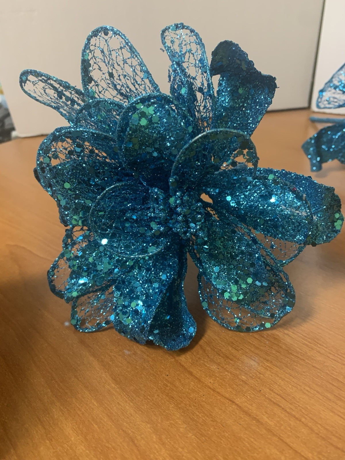 Lot Of 3 Glittered Turquoise Floral Stems 10” X 6”