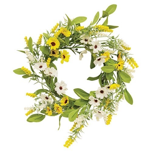 New PRIMITIVE CANDLE RING YELLOW CREAM GREEN Floral WREATH 6.5″x12″-14″ Cottage