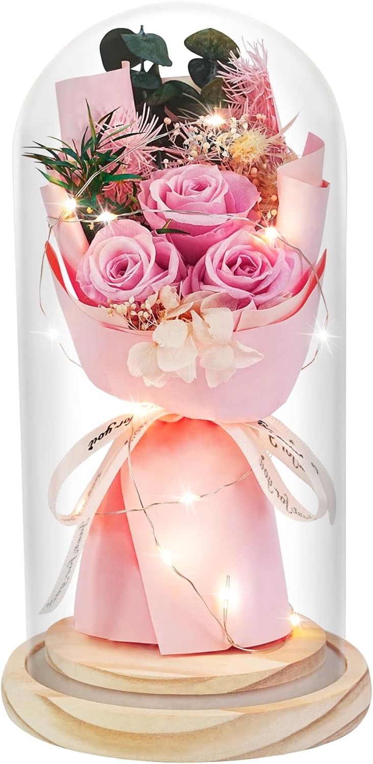 HVY Preserved Flowers Gifts for Her,Preserved Rose Bouquet in Glass Dome,Forever