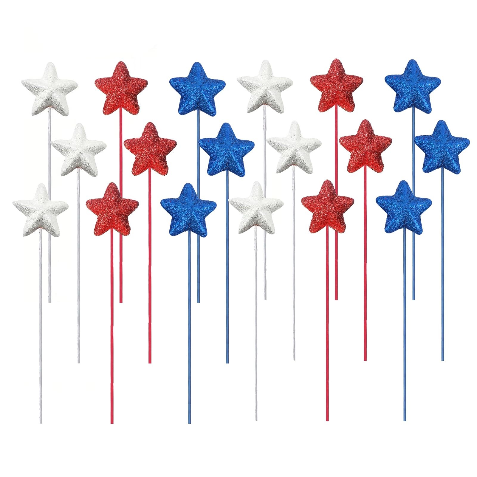 18 Pieces Glitter Star Foam Stem Sticks Red White and Blue Artificial Stems F…