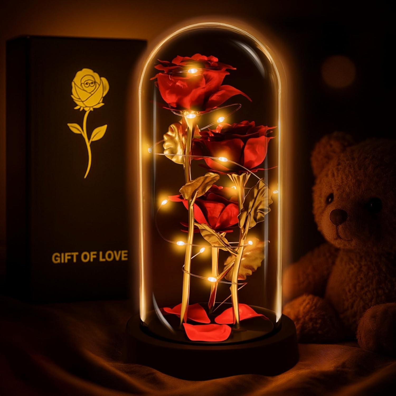 Glass Rose – LED Rose in Glass Dome Flower Lights, Romantic Flowers Roses.