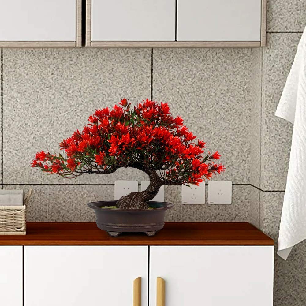 Artificial Bonsai Tree Red 9.5in Decor