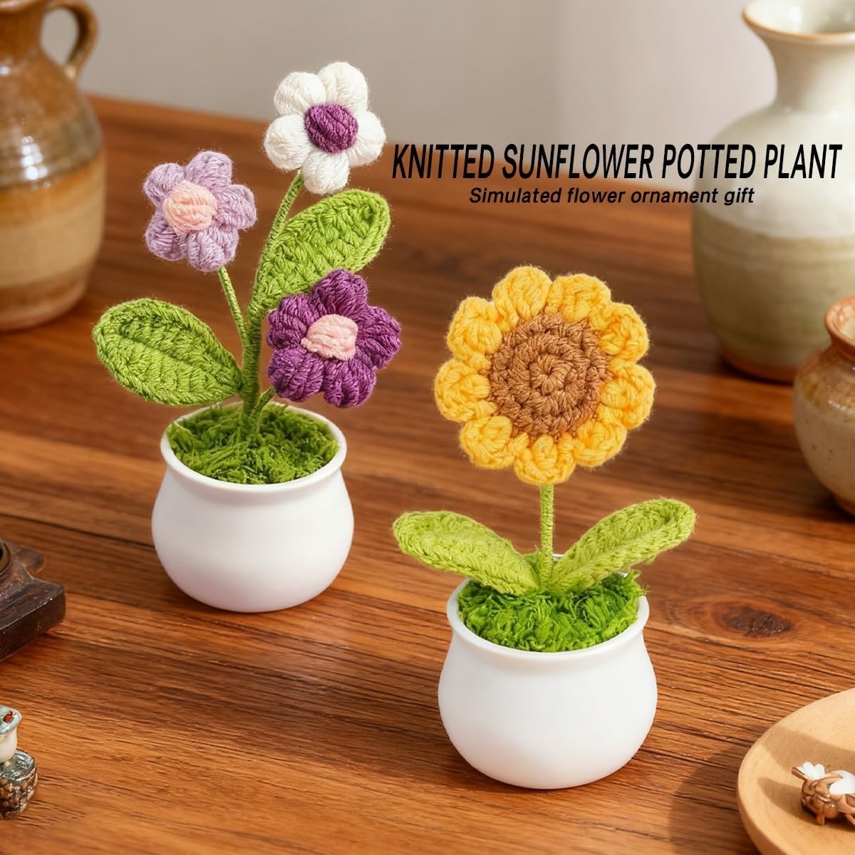 Crochet Flowers, Cute Desk Decor, Handmade Sunflower and Puff Flower Pots, Mini