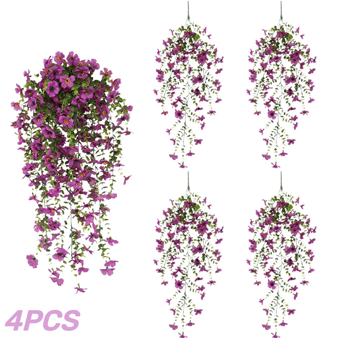 4PCS Artificial Hanging Flowers UV Resistant Faux Silk Purple Vine Outdoor Porch