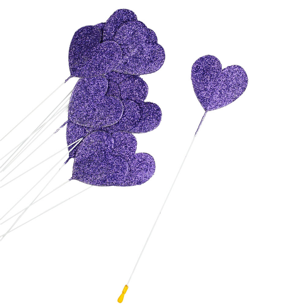 Package of 24 Purple Glittered Heart Floral 15″ Picks