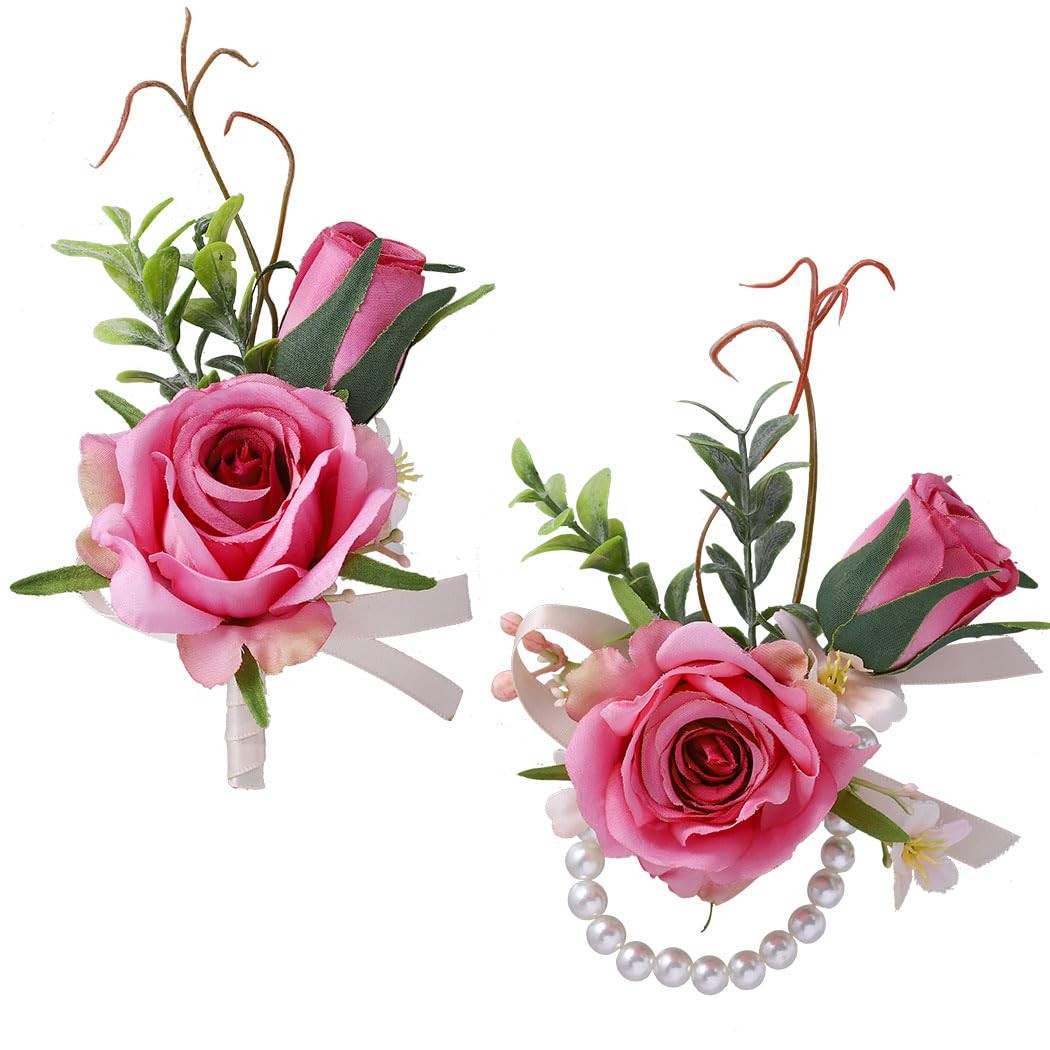 Pink Rose Corsage Boutonniere Set Groomsmen Buttonholes Wrist Decoration