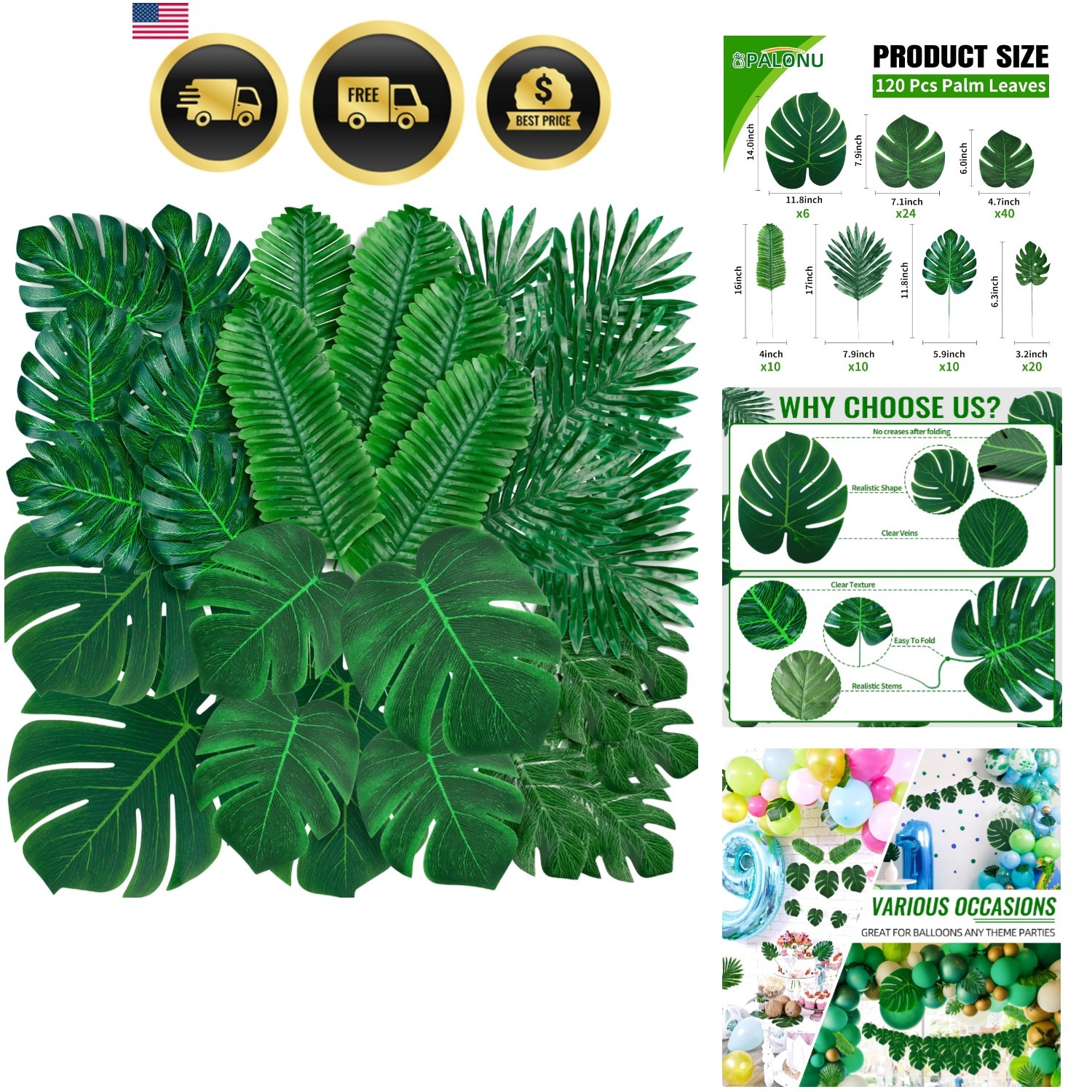 110 Pcs Artificial Tropical Palm Monstera, 7 Kinds Large Small Fake Palm Leaf…