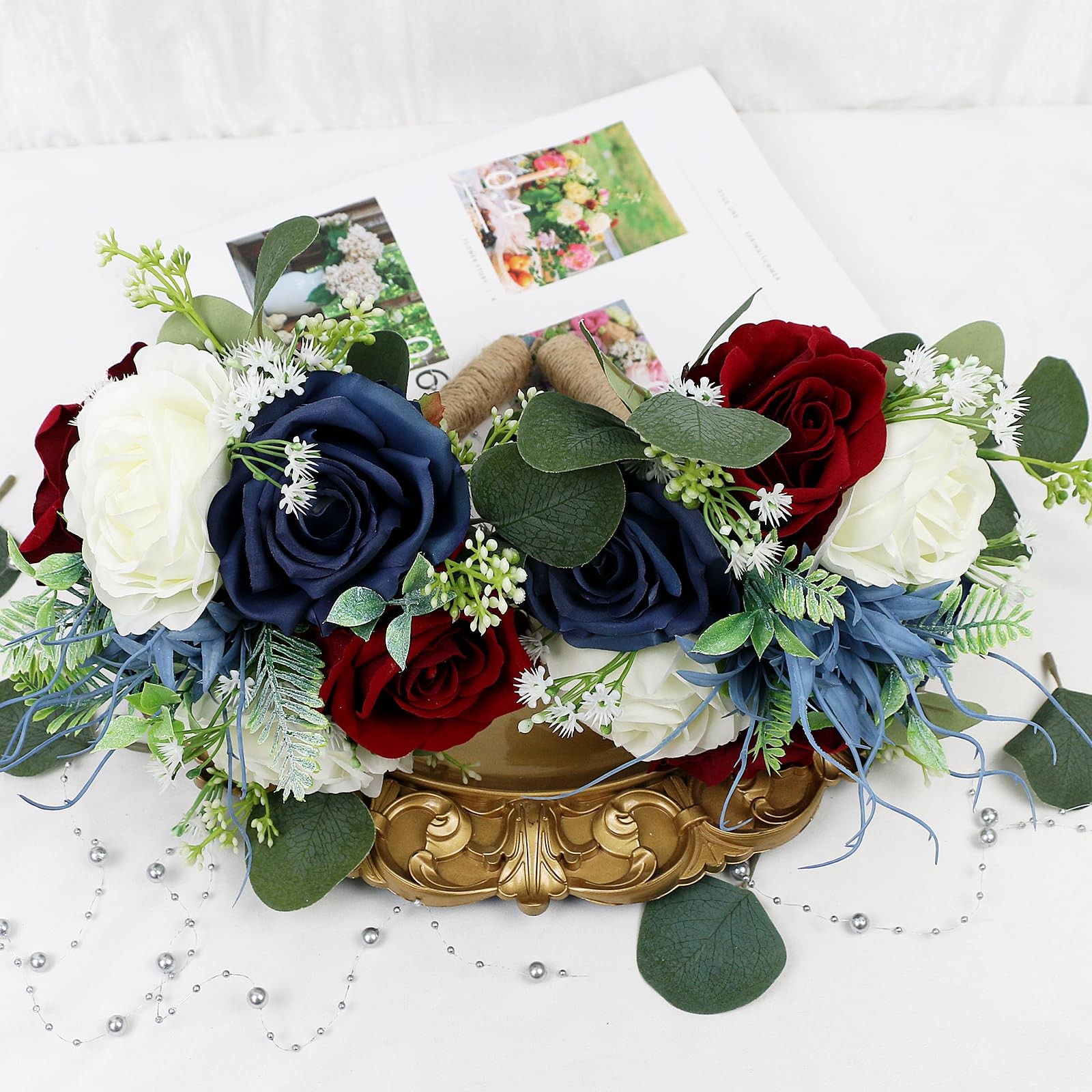 Set of 2 7-Inch Bridesmaid Bouquets, Burgundy, Navy Blue, White, Artificial
