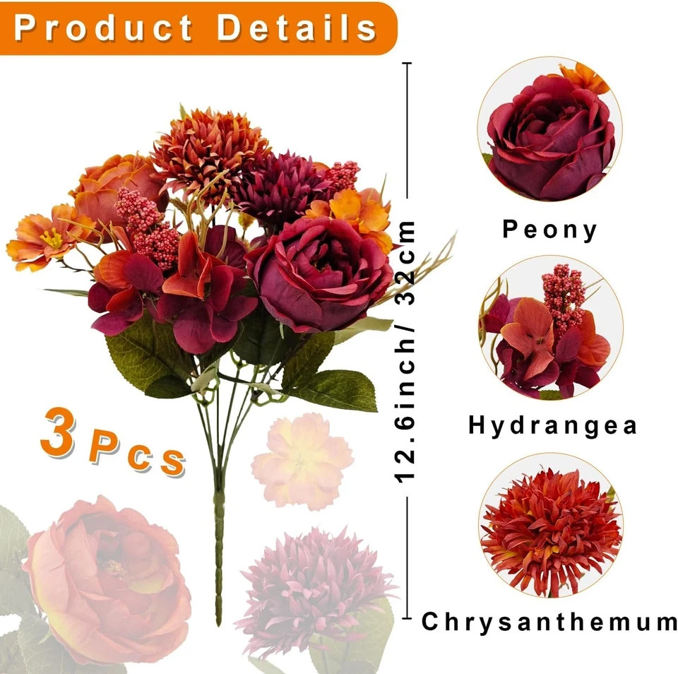 3 Bundles Fall Artificial Flowers Bouquet Fake Peony Silk Chrysanthemums Autumn