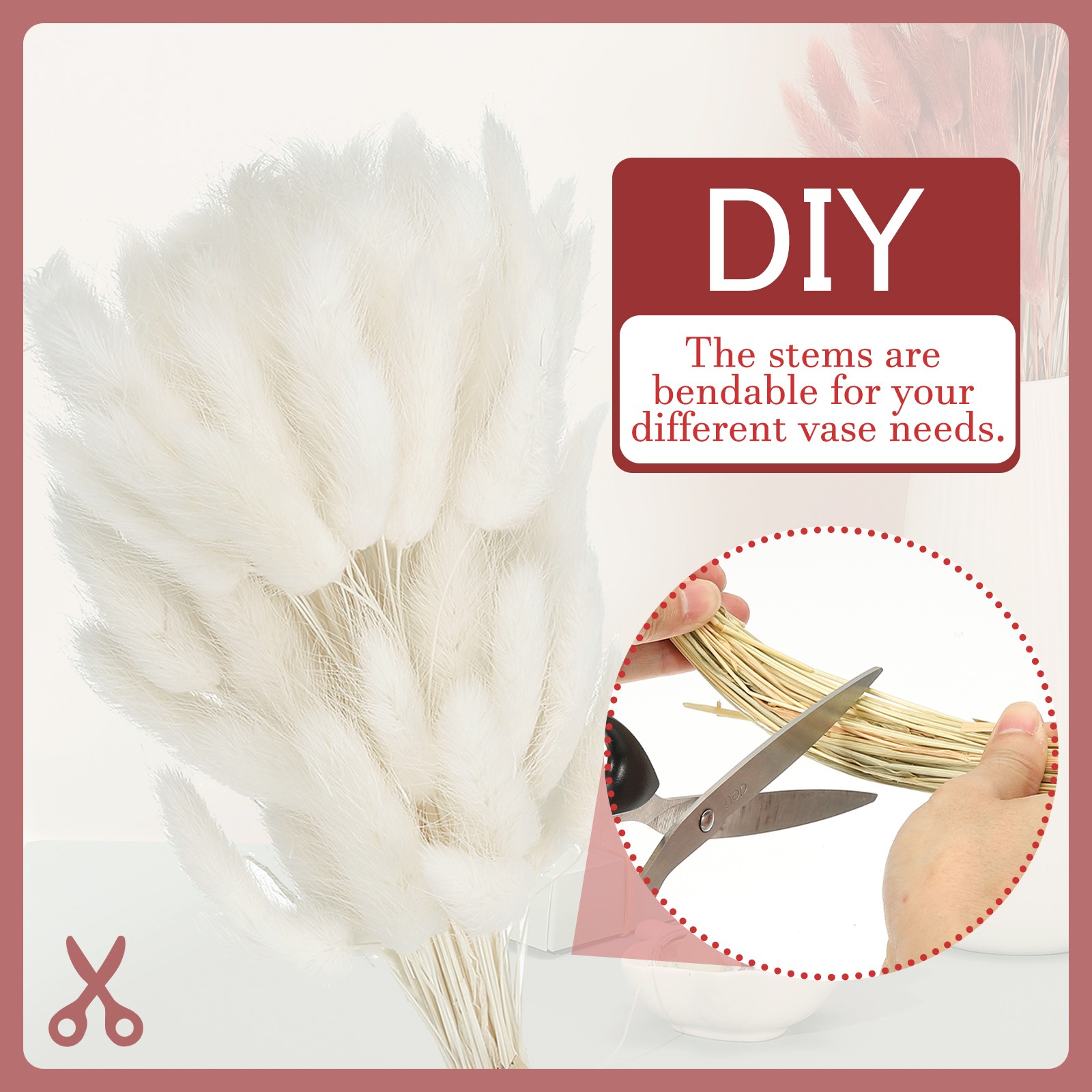 15.7in Bunny Tails Dried Flowers, 80pcs Pampas Grass Decor Rabbit Tail, White