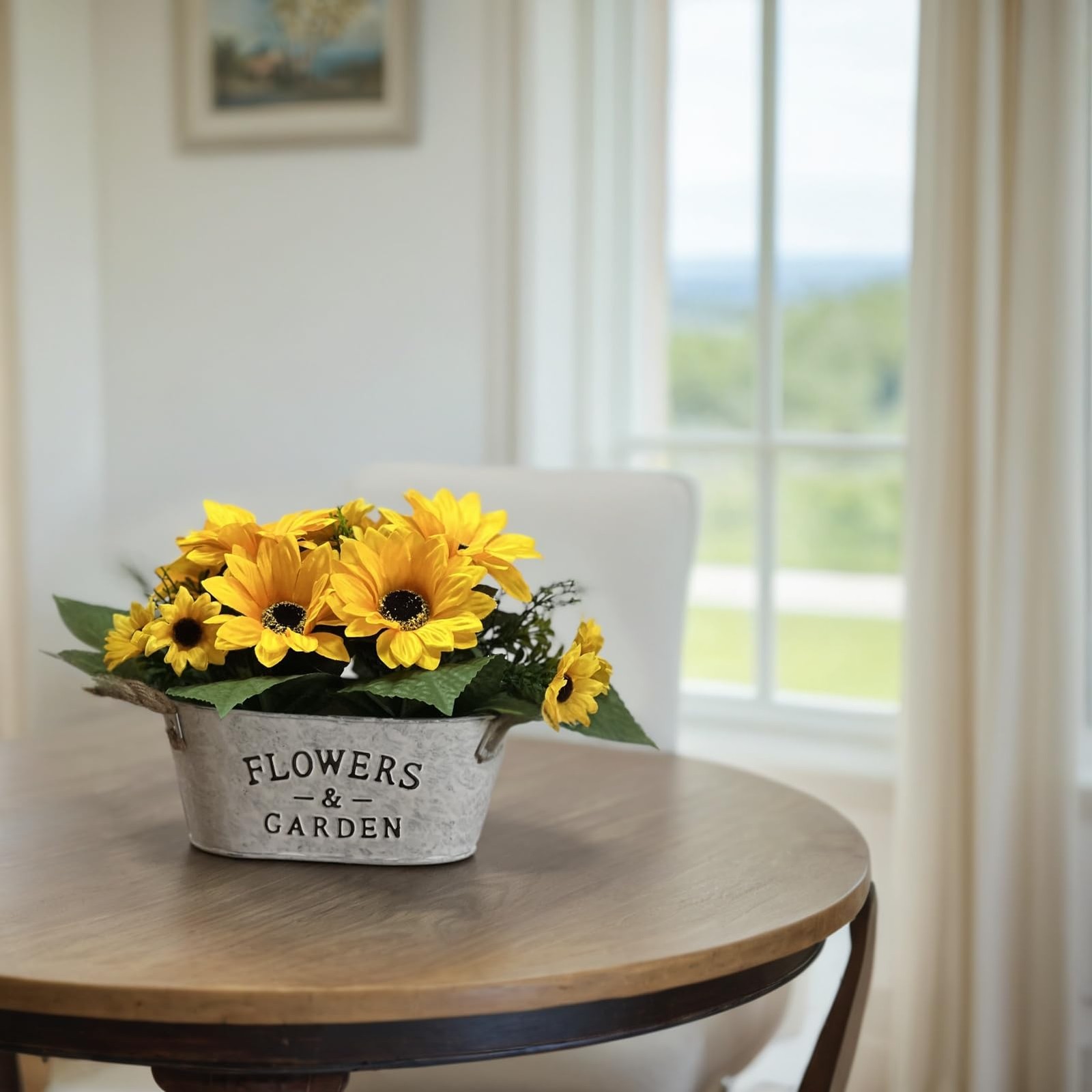 Artificial Flowers in Pot 8″ Tall Faux Silk Sunflowers with Metal Planter, Fa…