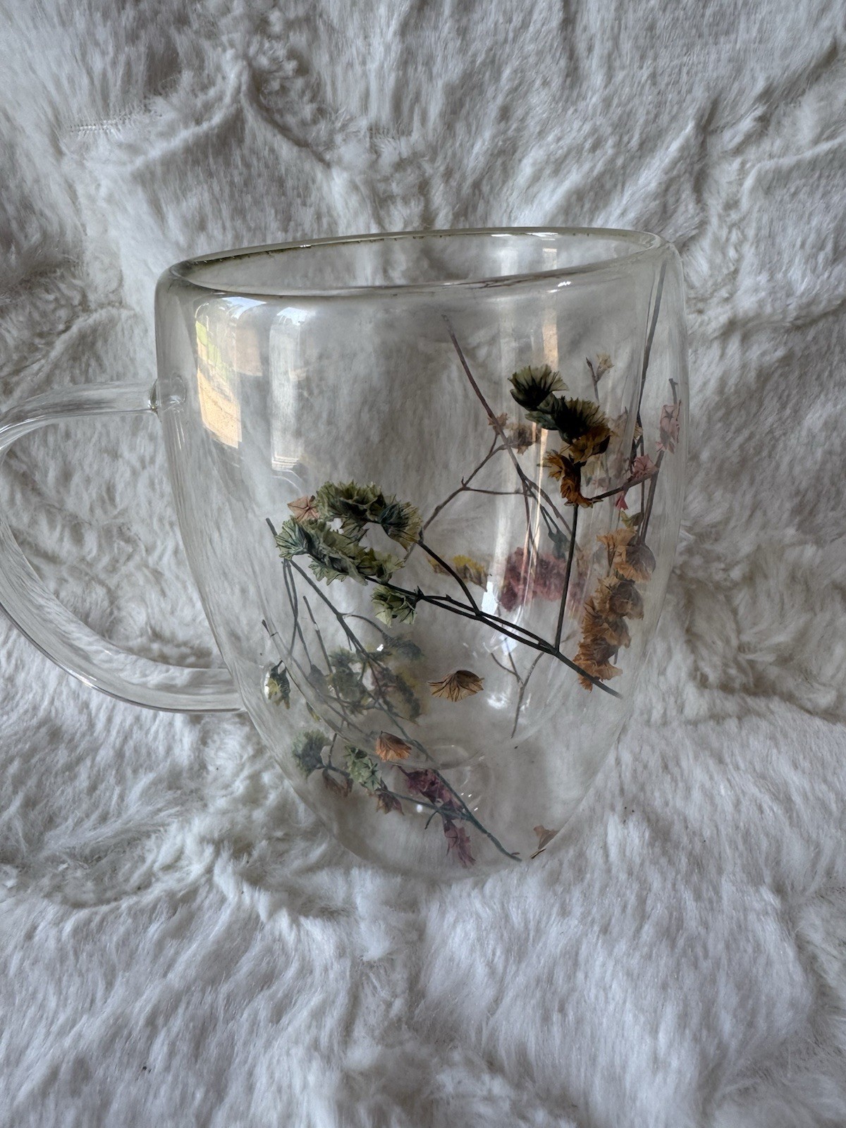 Dried Flowers 💐 Glass Mug Double Wall Coffee Tea Cup Botanical Floral