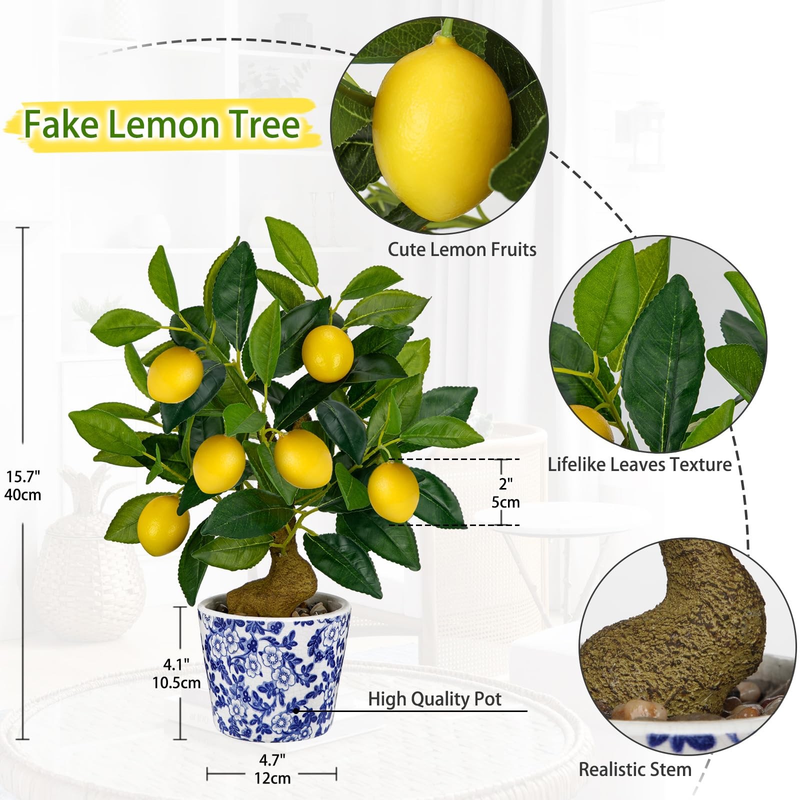 15.7 Inch Small Artificial Lemon Tree Faux Potted Plant Blue White Pot Decor