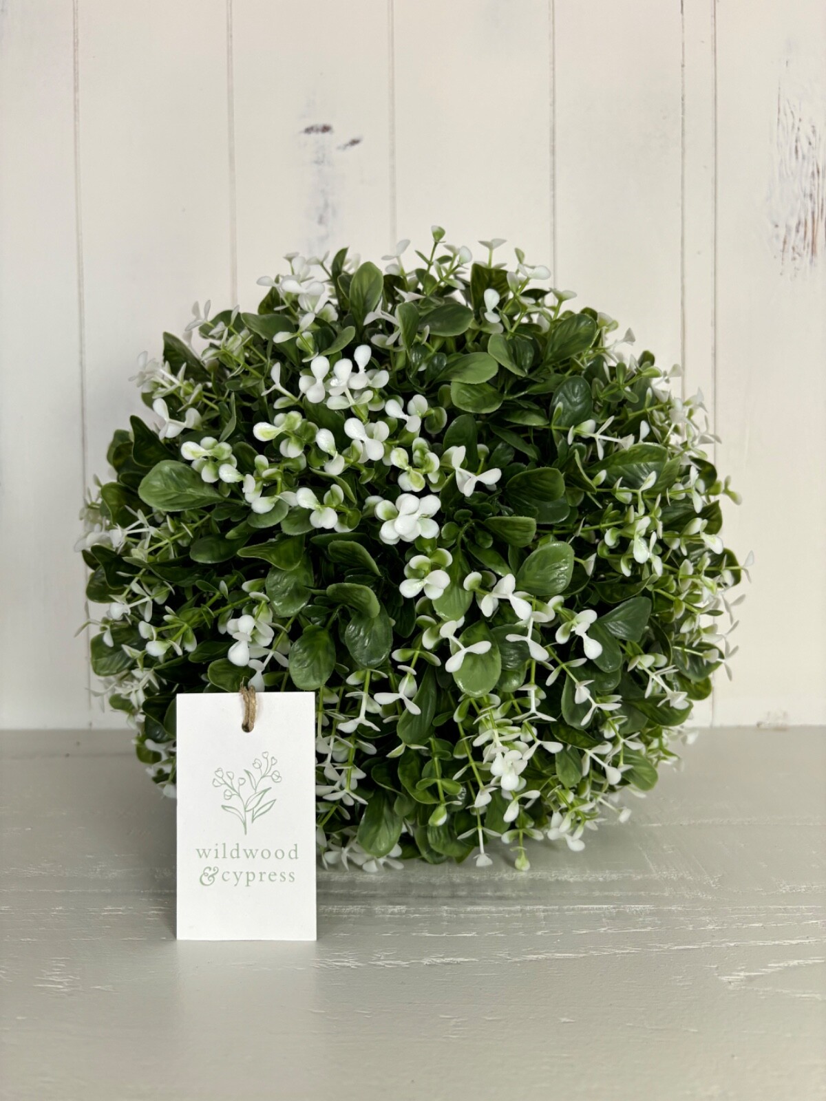 W&C Artificial Boxwood Topiary Ball With White Blooms -The Lane, 17 in, UV Rated