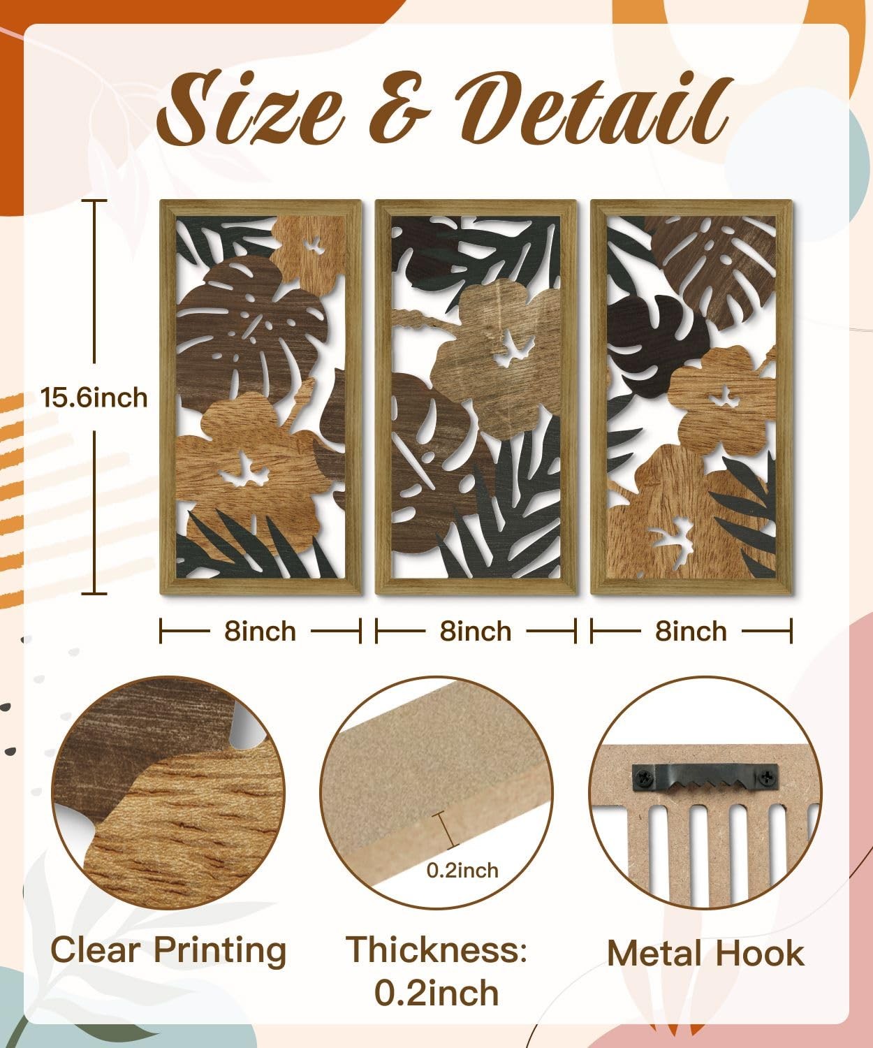 Putuo Decor Tropical Floral Wall Art, Set of 3 Plant 16.53×8.66, Auburn