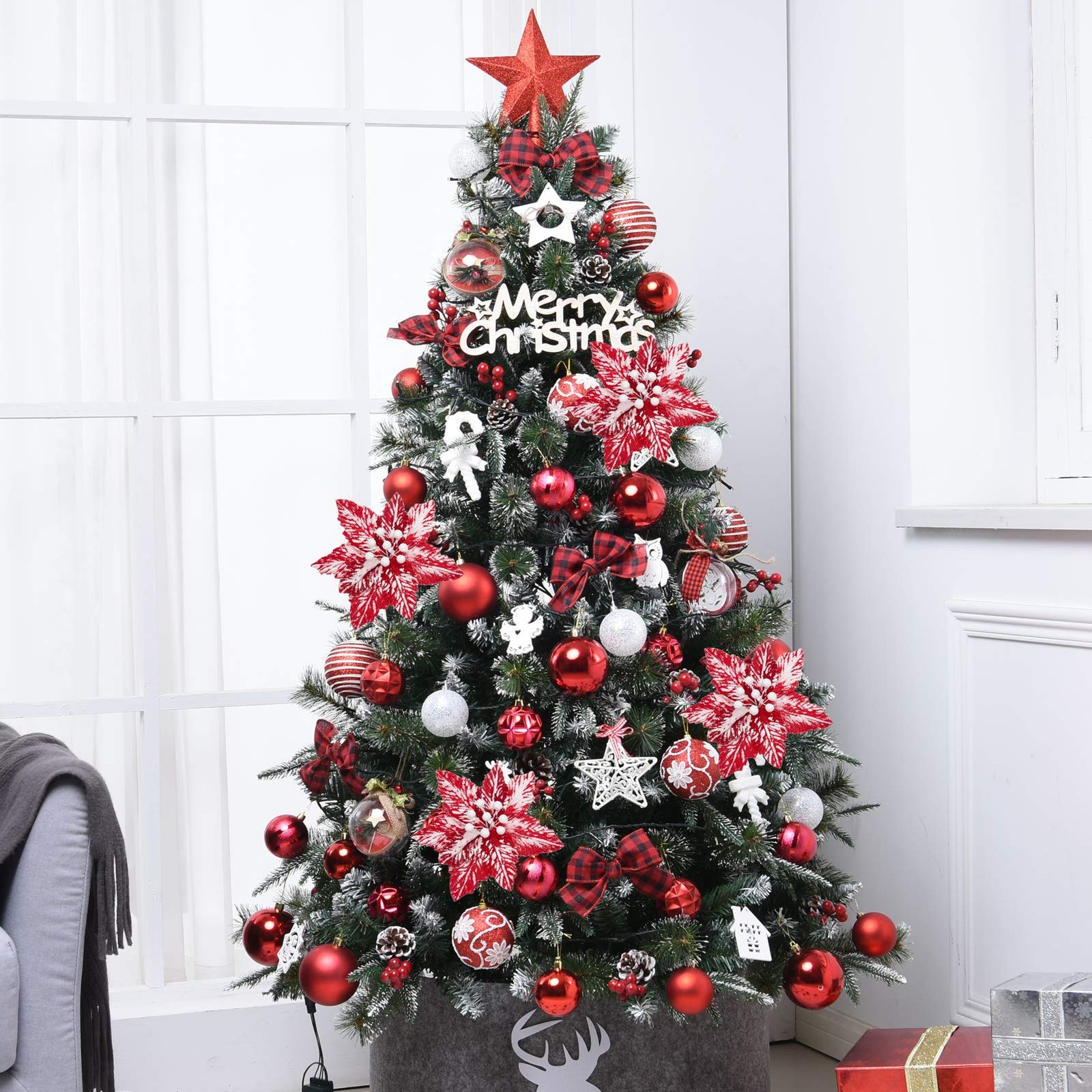 6 PCS Large Red White Christmas Poinsettia Picks Tree Glitter Flowers Decor