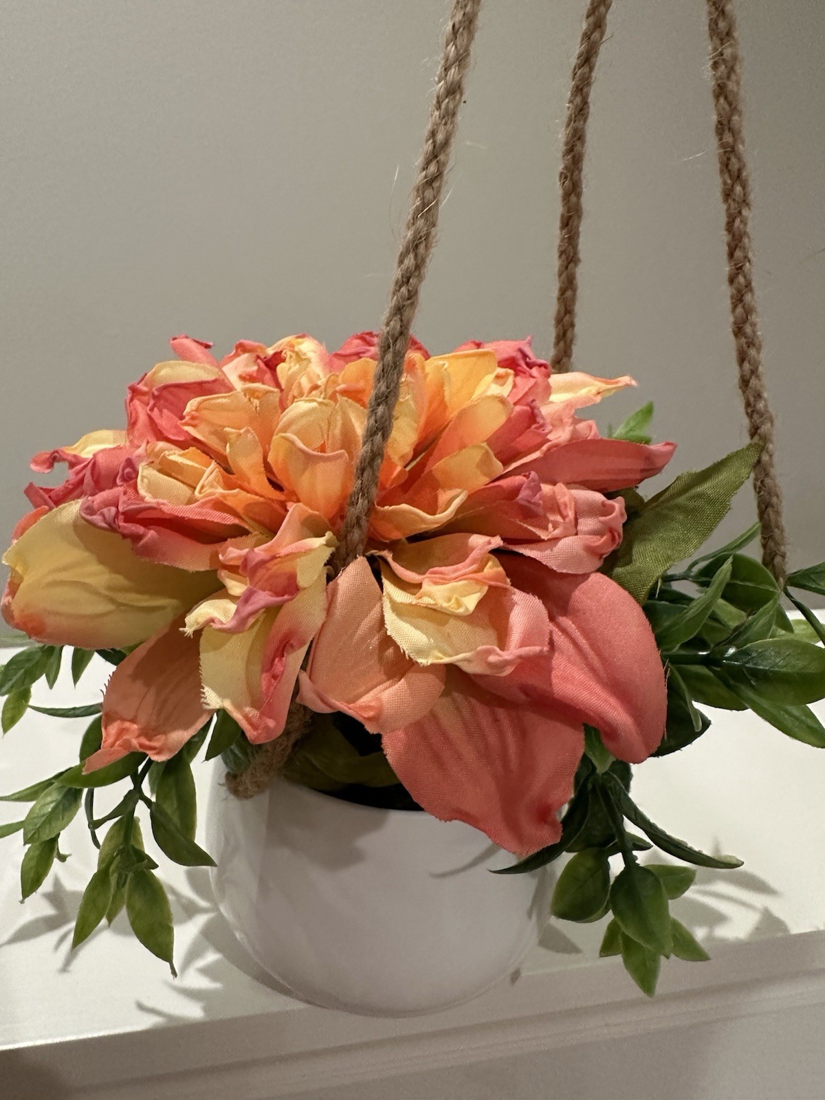 Artificial Hanging Flower Arrangement Pink Yellow Green in White Pot