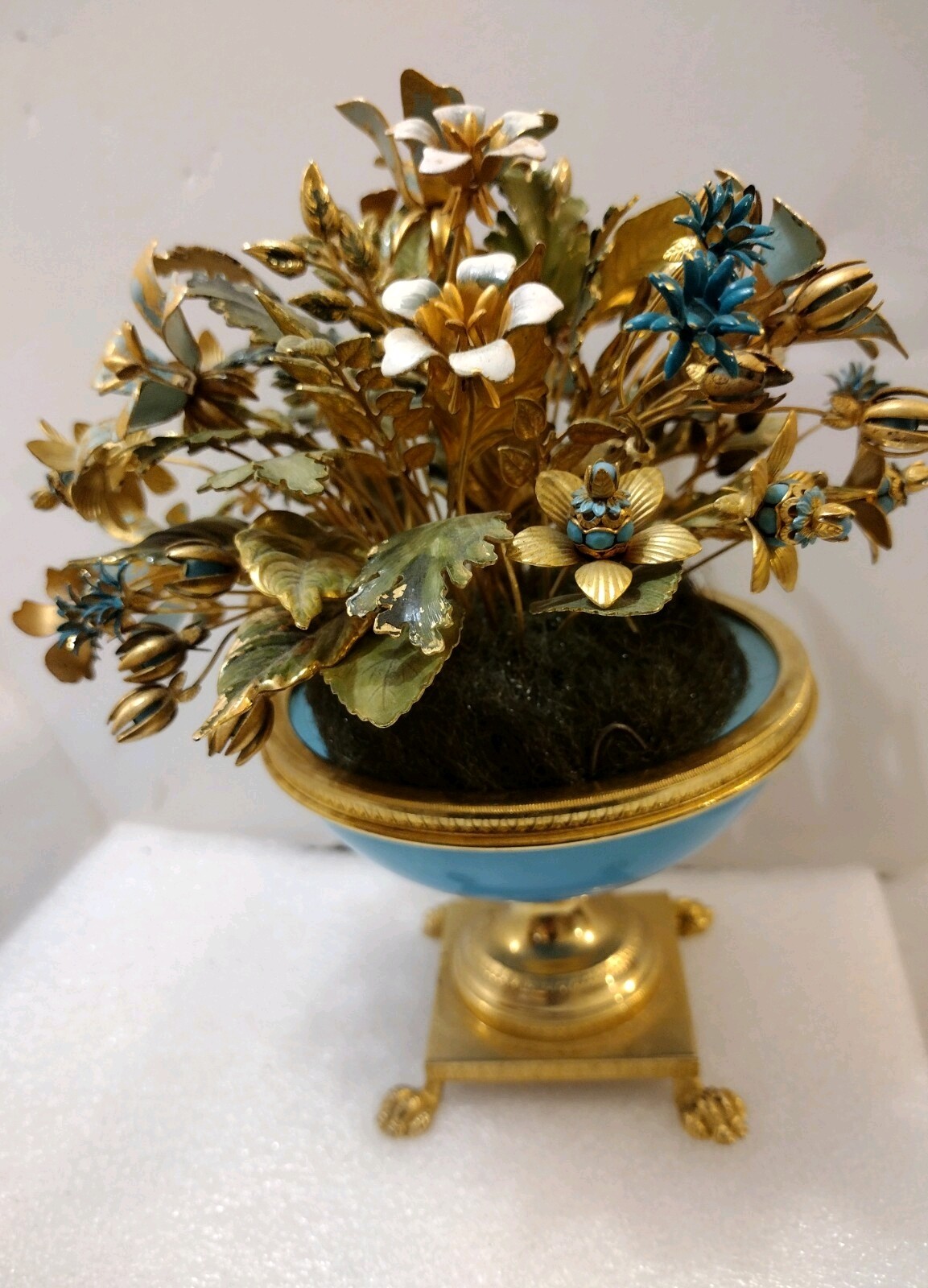 Enameled Flower Bouquet Tipped In Real Gold Labeled Italy Enameled Metal Aqua