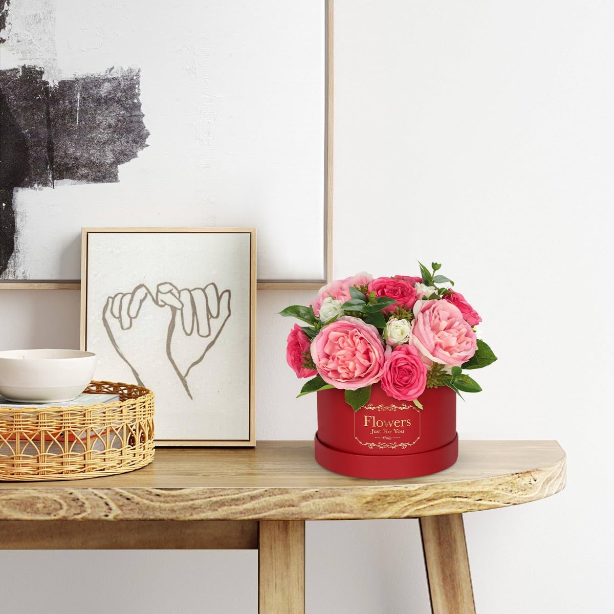 Red Pink Artificial Peonies Roses in Vase Round Gift Box Floral Arrangement