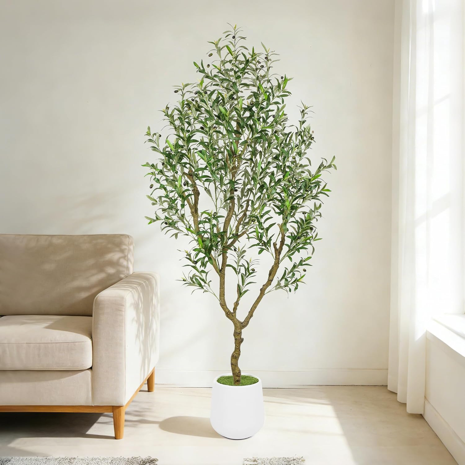 7Ft Artificial Olive Tree with White Tall Planter, Realistic Leaves & Fruits Art