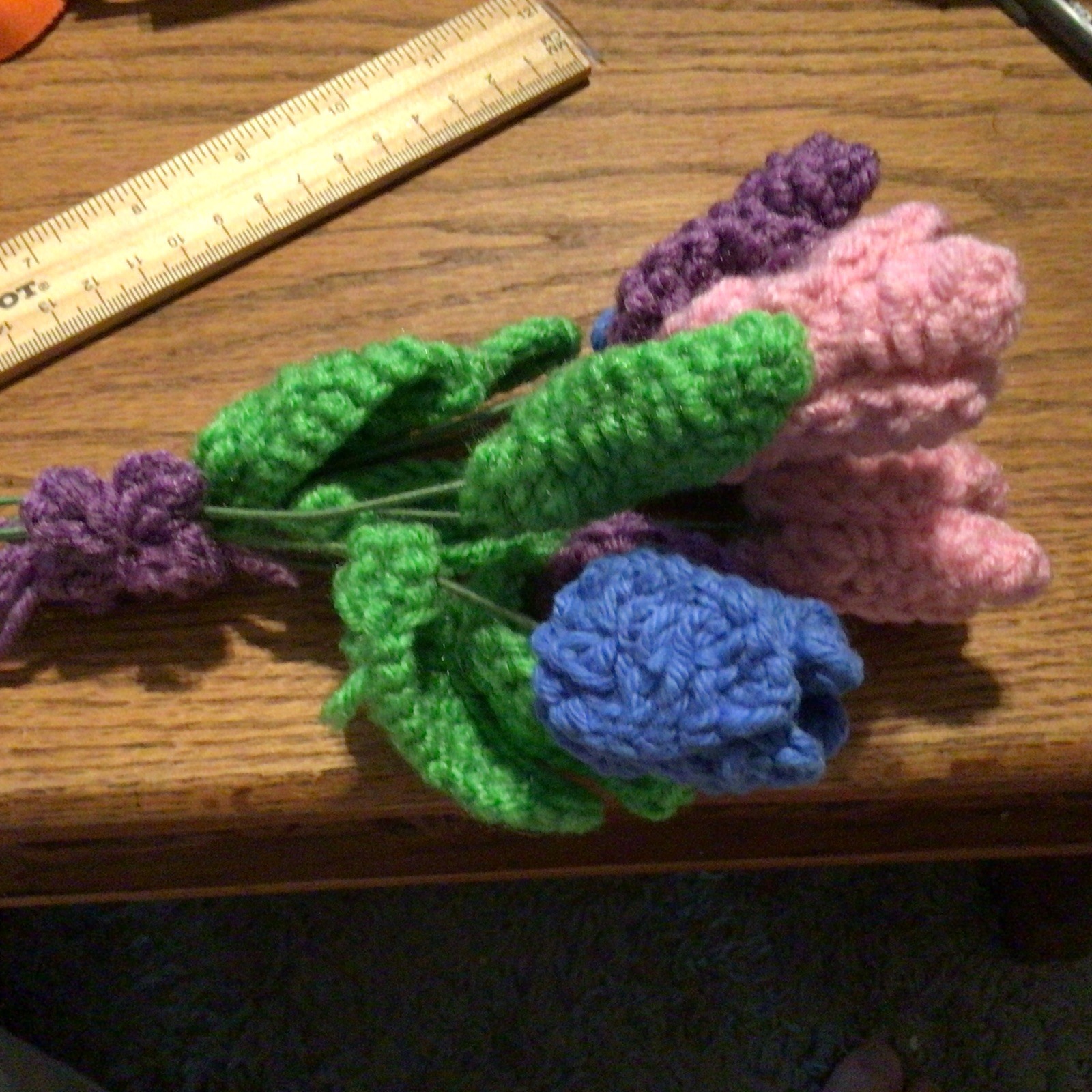 Crochet Flowers Bouquet, Pink, purple, blue, & green with wire stems