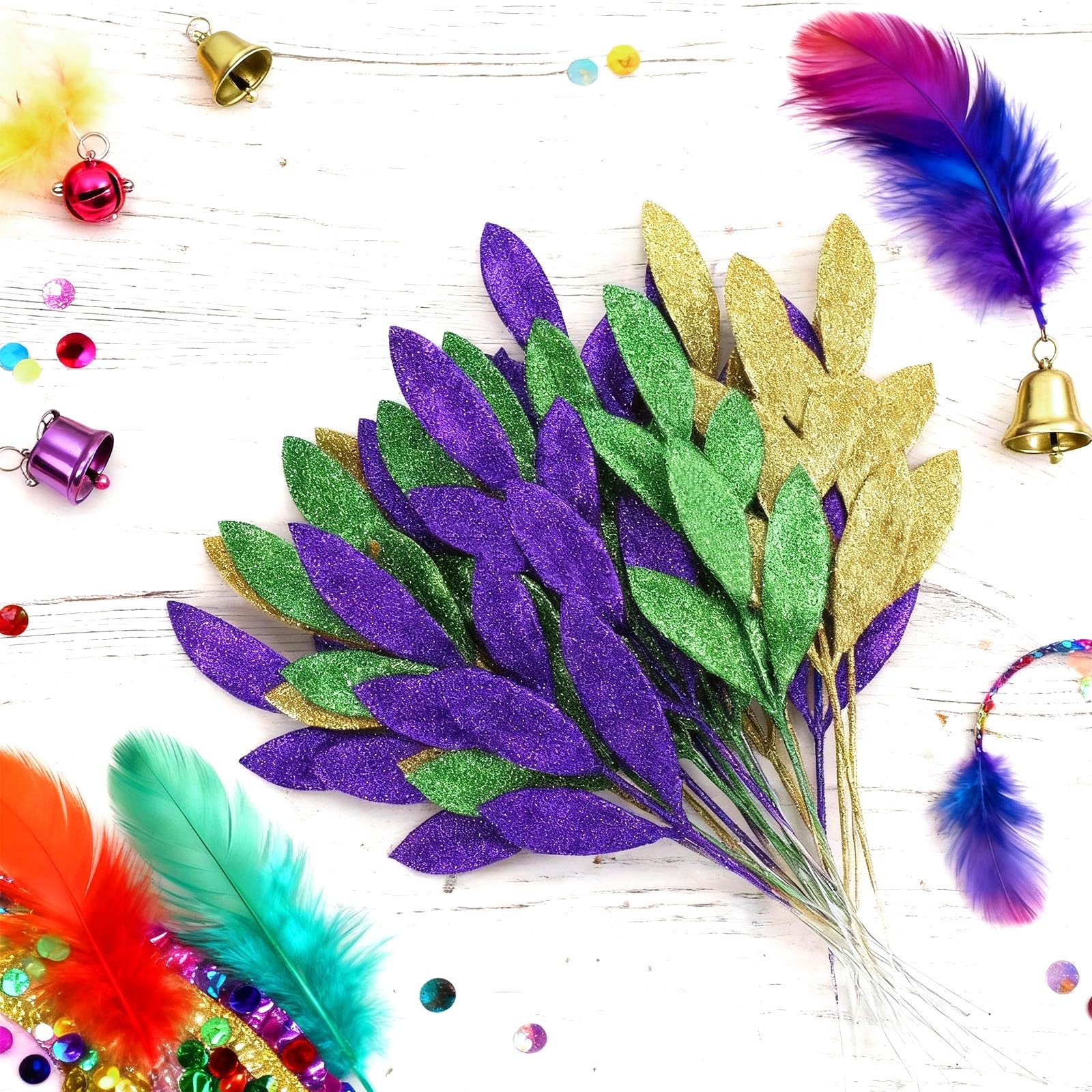 24 Pcs Mardi Gras Decorations Leaf Picks Vase Filler, 14″ Tall Purple Green G…