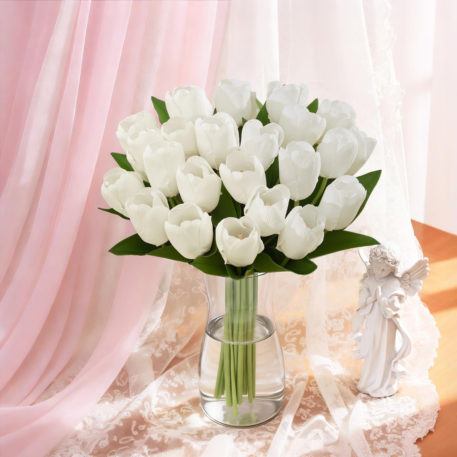 12 PCS White Artificial Tulips Real Touch Faux Flowers 14 Inch Bouquet