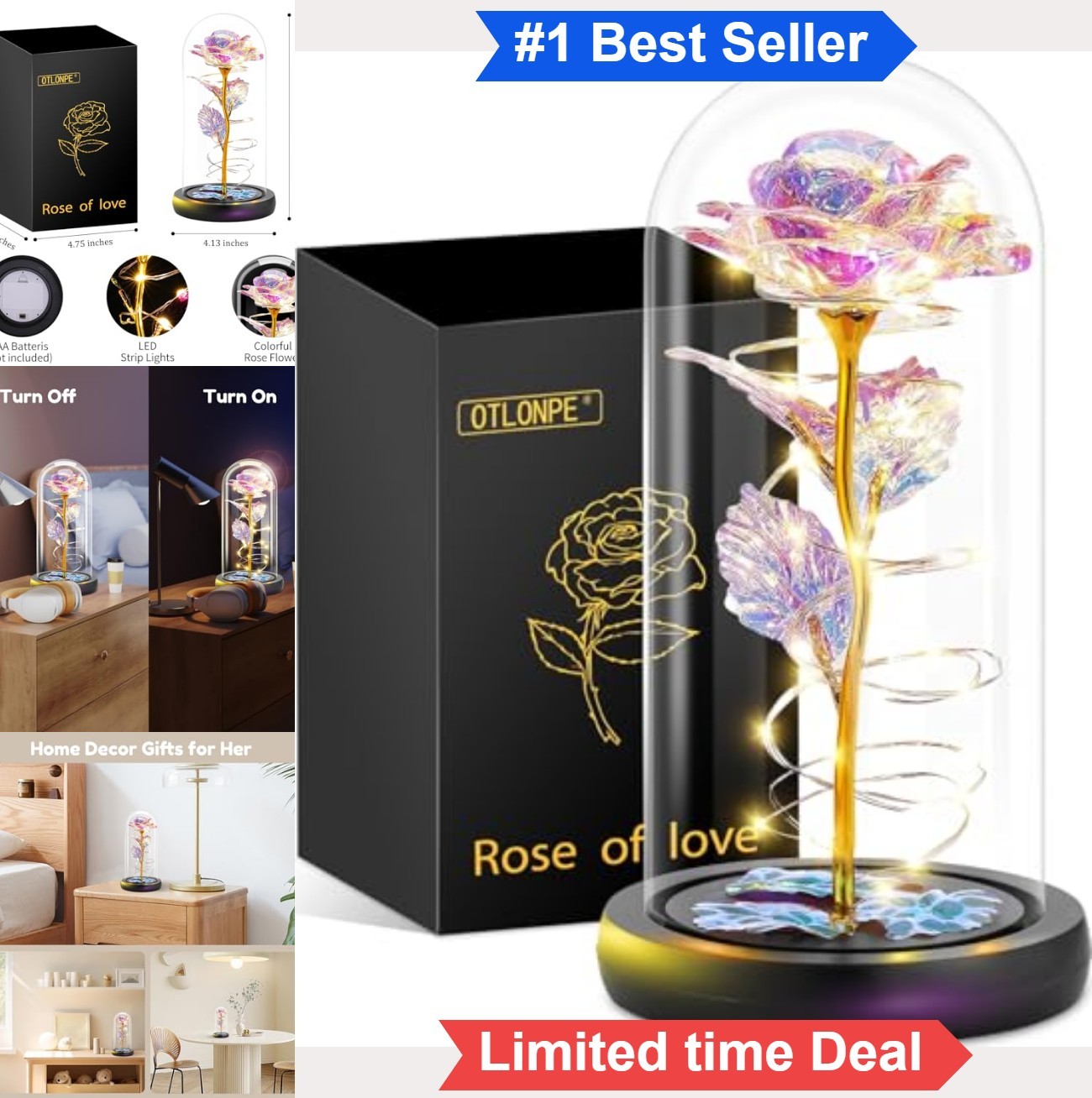 Preserved Artificial Glass Rose Flower LED Light Nightlight Gift Home Decor
