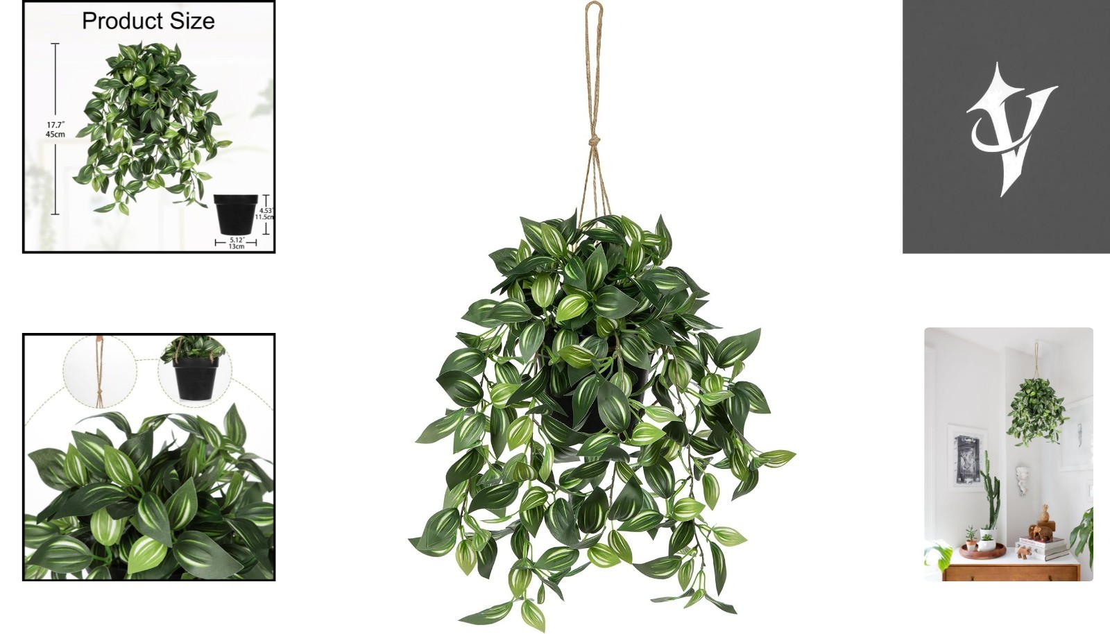 Lifelike 17.7″ Faux Watermelon Peperomia Hanging Plant in Black Pot – No Upkeep