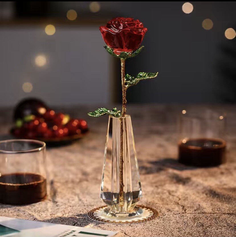 Crystal Glass Red❤️Rose Flower Gold Plated Long Stem Love Valentine’s Day Gift🌹