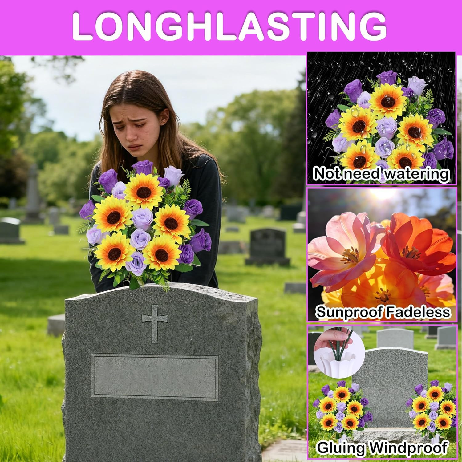 ,Set of 2 Artificial Rose Sunflower Bouquet Graveyard Memorial Flowers for Outdo