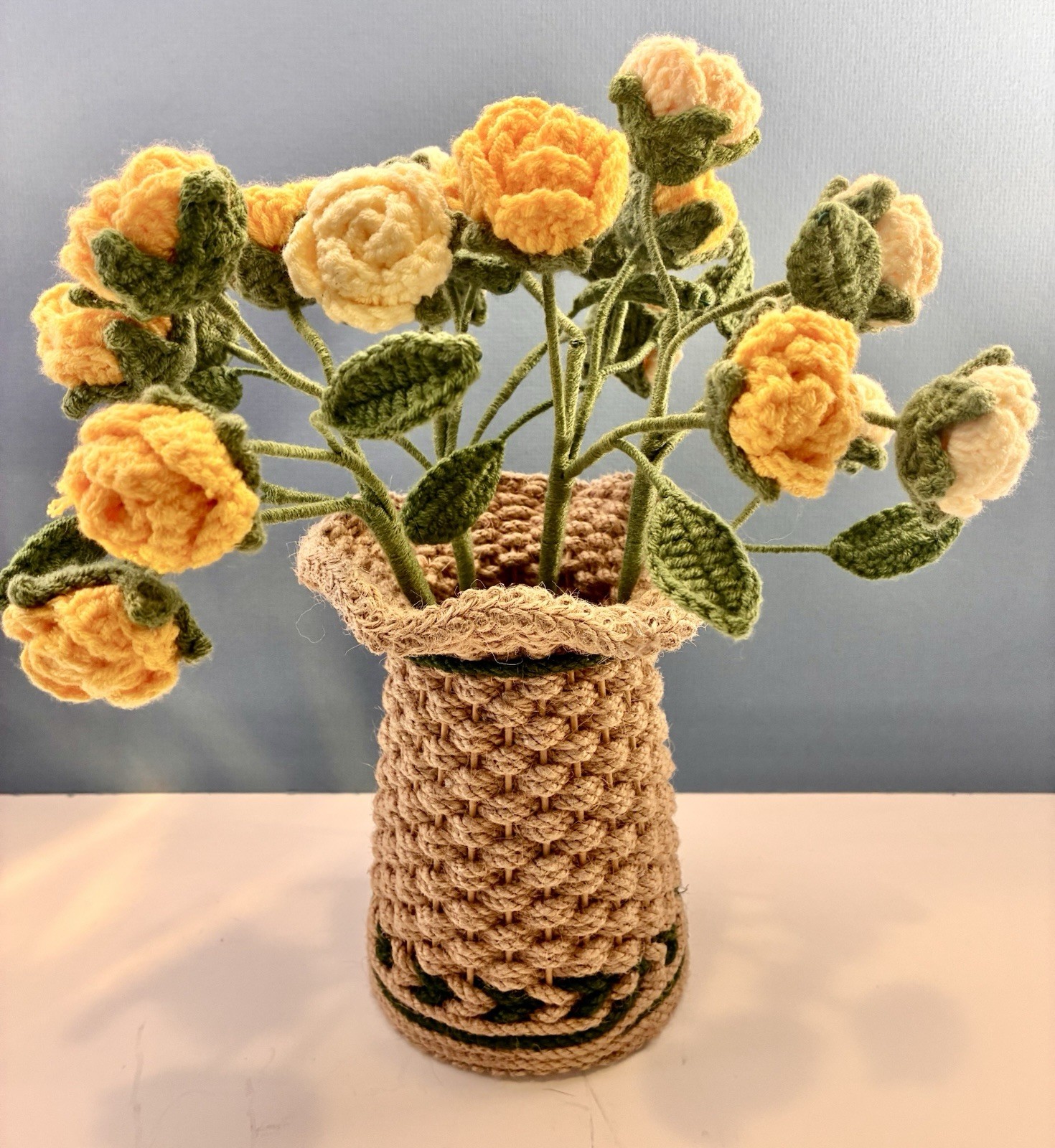 Hand Crocheted Yellow Rose Flowers in Hand Knitted Jute Basket 11”