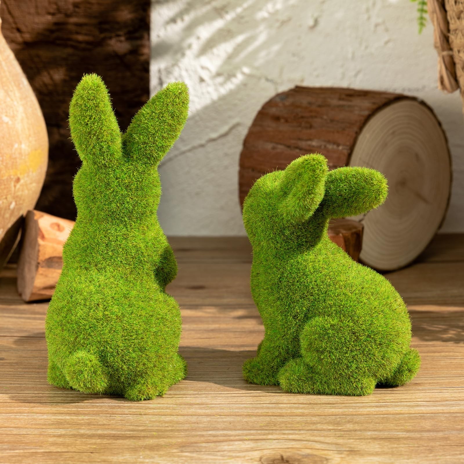 2 PCS Small Green Moss Easter Bunny Decorative Ornament Artificial Sculpture