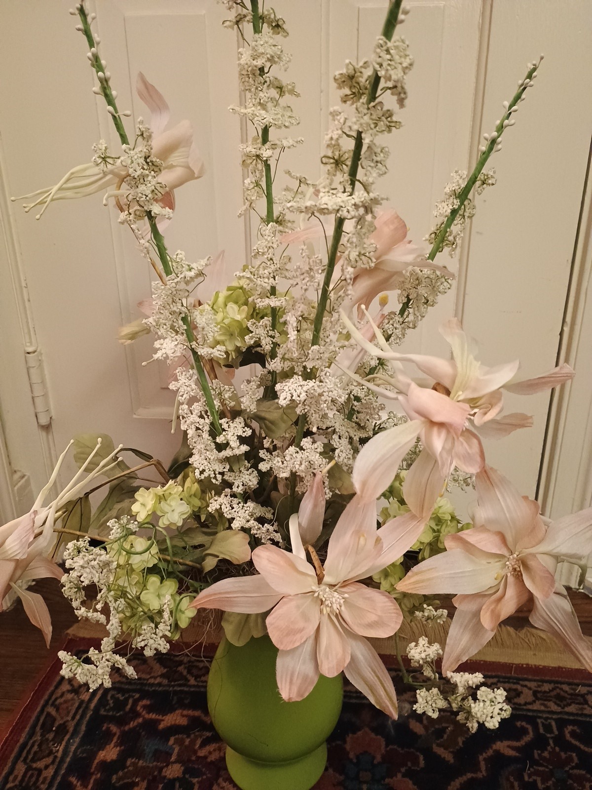 Pink Lily Delphinium Hydrangea Faux Silk Flower Arrangement Floral Green Vase
