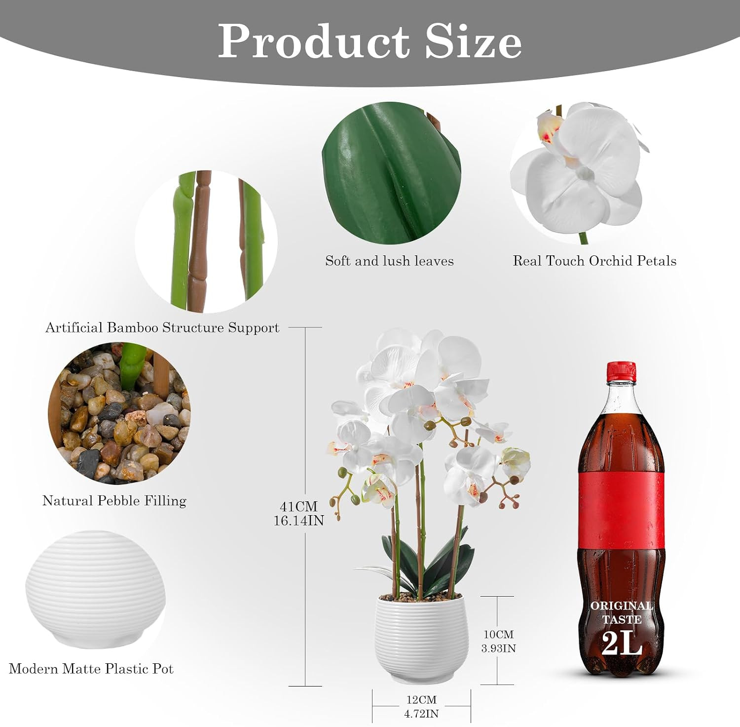 Lifelike White 3-Stem Artificial Orchid Plant in Pot for Home Decor
