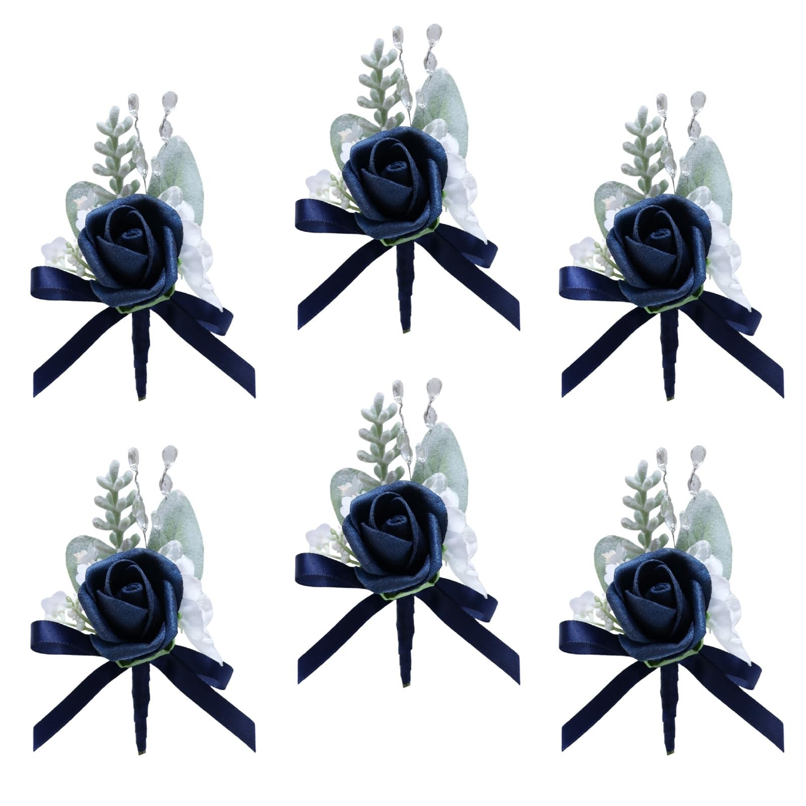6 PCS Rose Boutonniere Men Artificial Flowers Wedding Groom Navy Blue