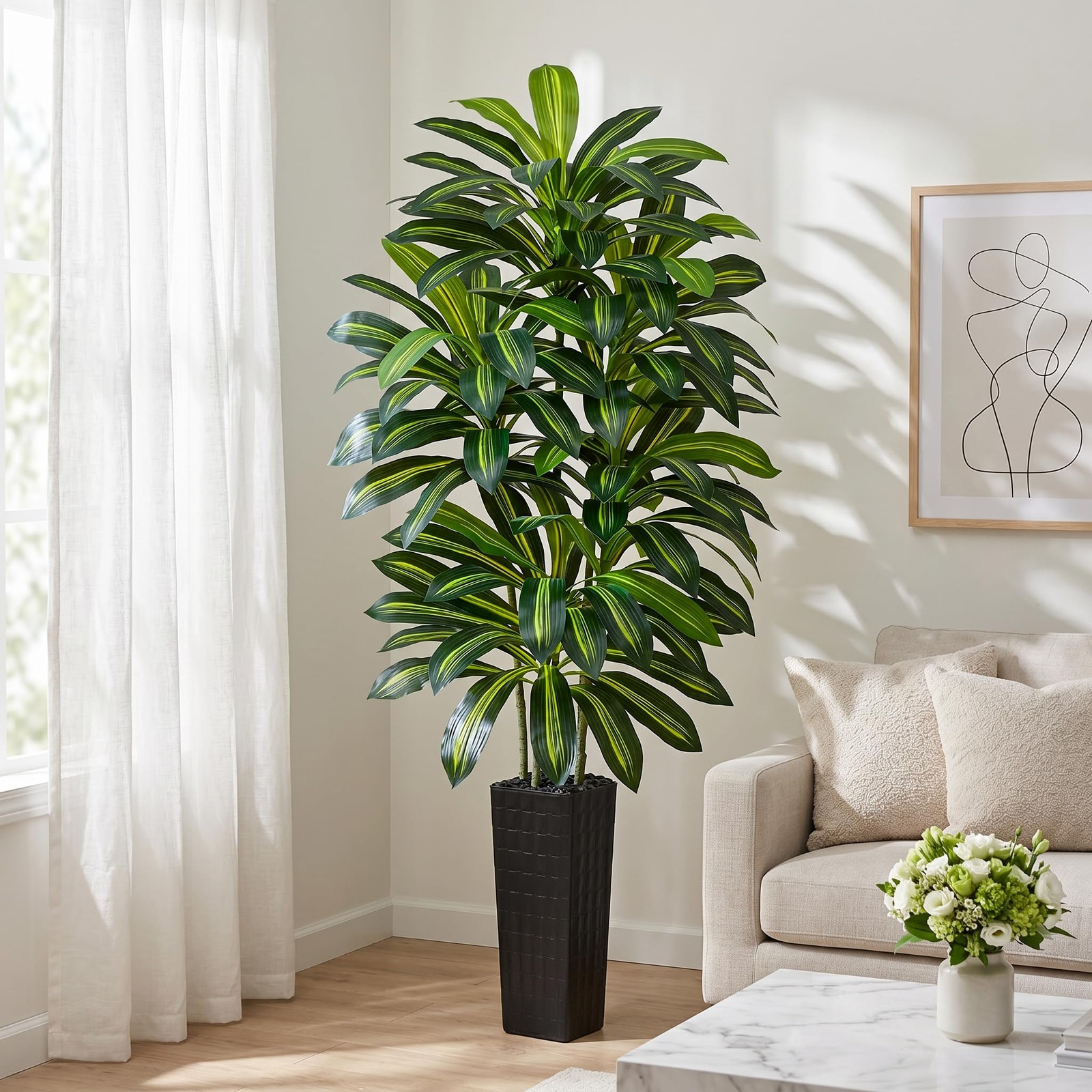 Artificial Dracaena Tree – 7FT Tall Fake Plants with Black Square Planter – A…