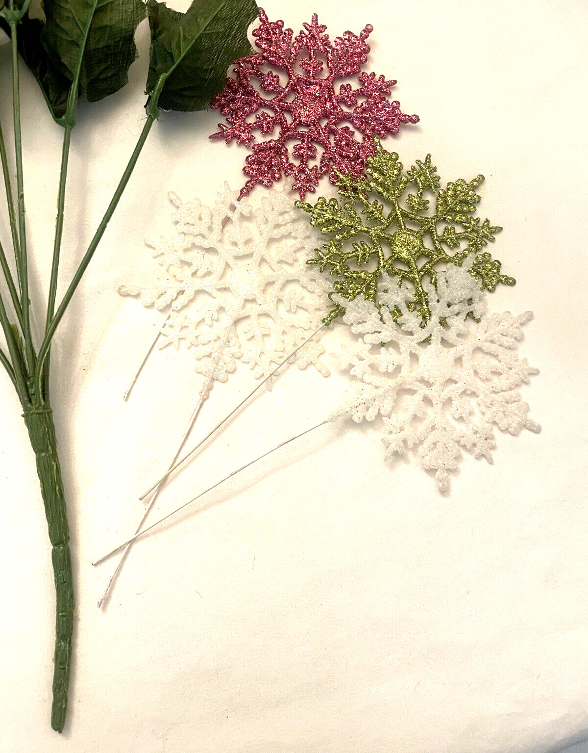 6 Flower Picks Assorted Sizes – Acorn, 4 Glitter Snow Flakes, Red Berry, Vintage