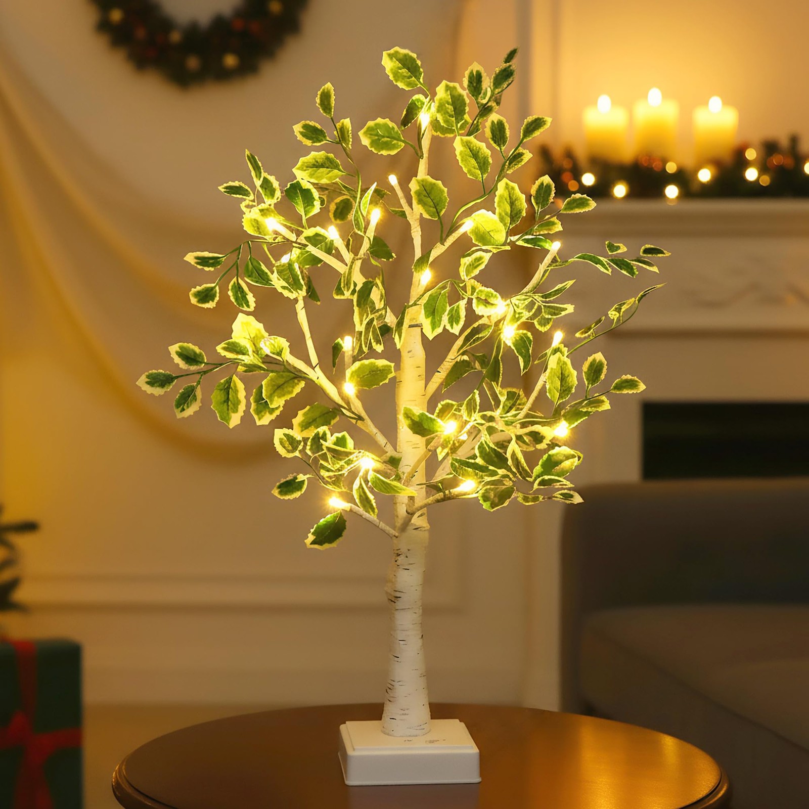 Small Birch Tree with Leaves Tabletop Lighted Trees for Indoor Decor