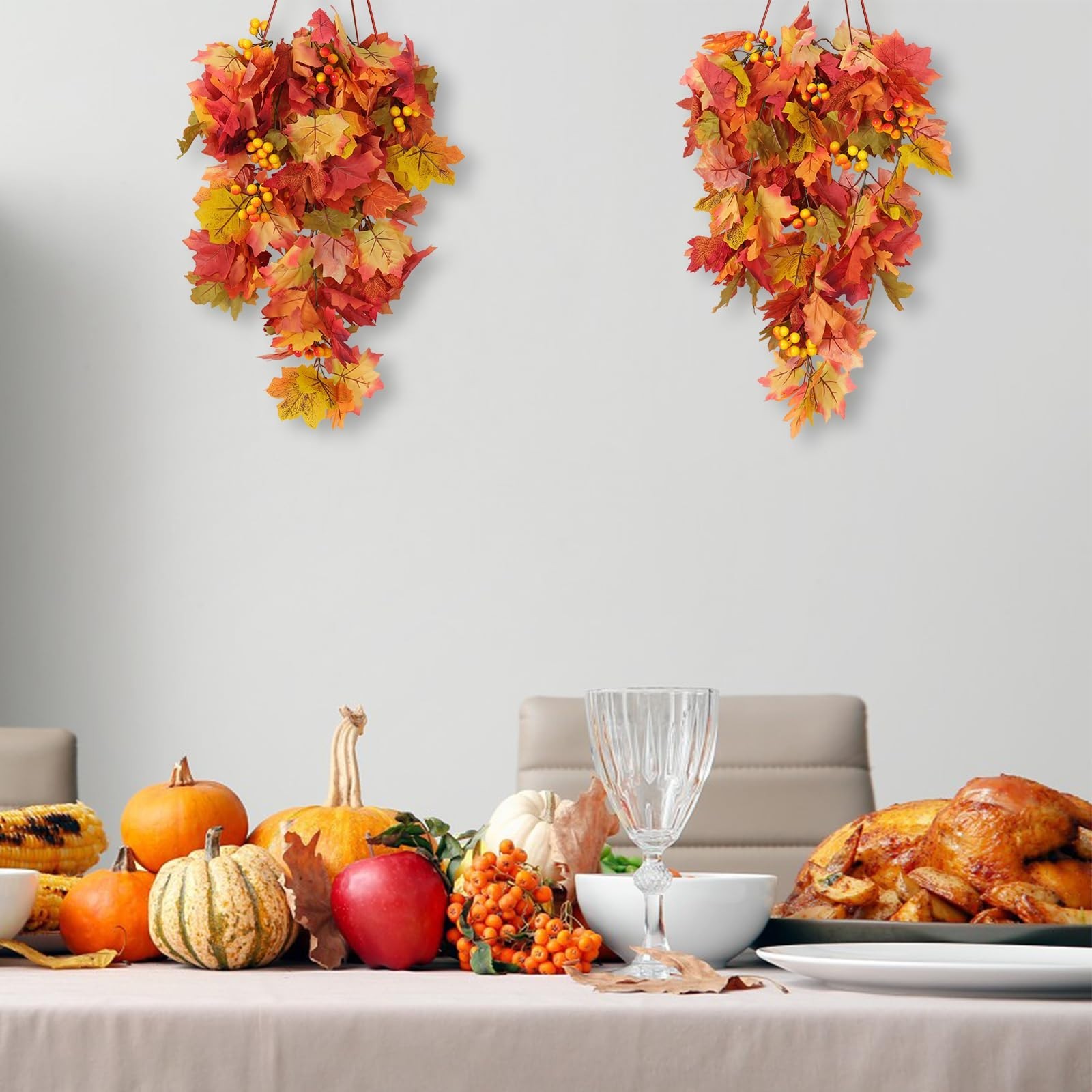 Artificial Fall Leaves Garland with Berries – 2Pcs Orange Maple Vine Decor for T