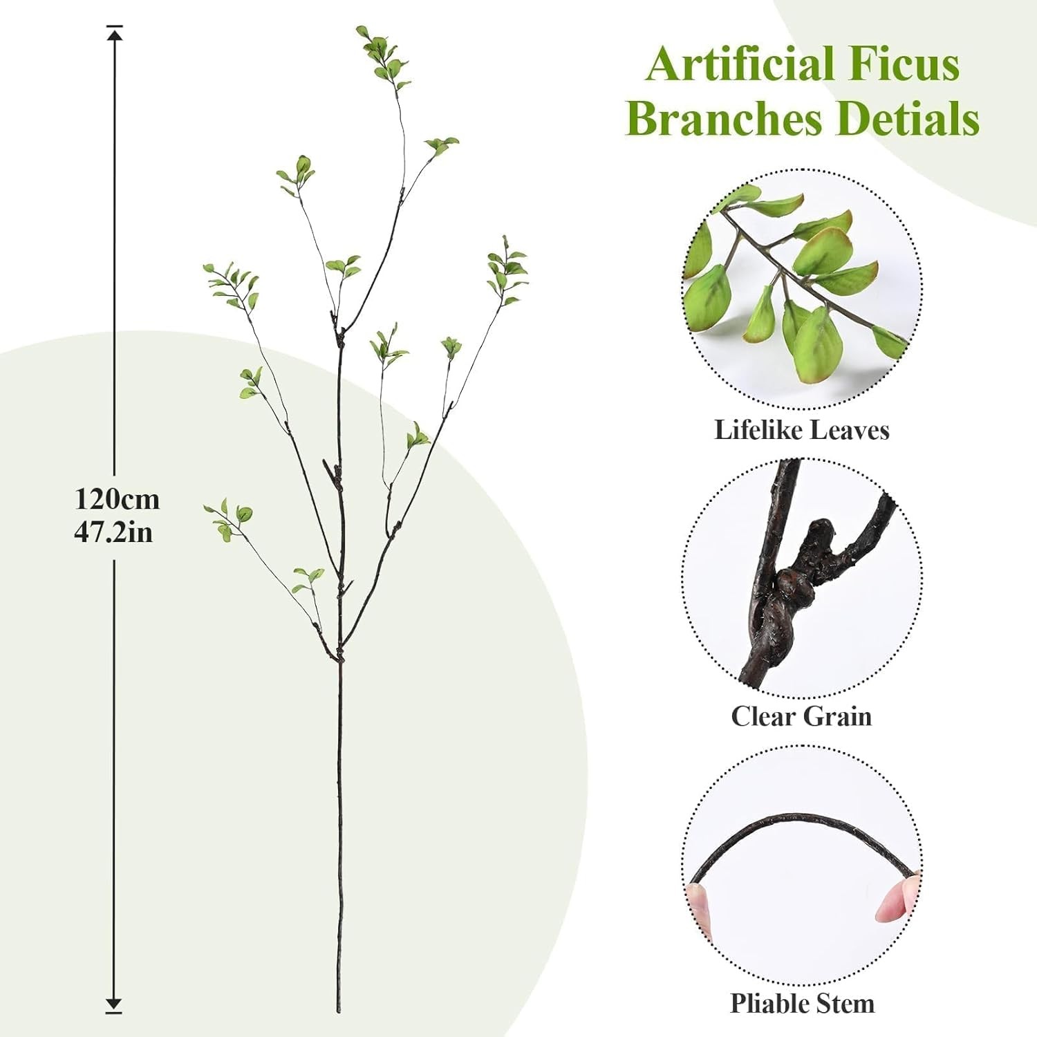 Artificial Ficus Branches 4Pcs 47.2″ Long Faux Greenery Stems for Vase