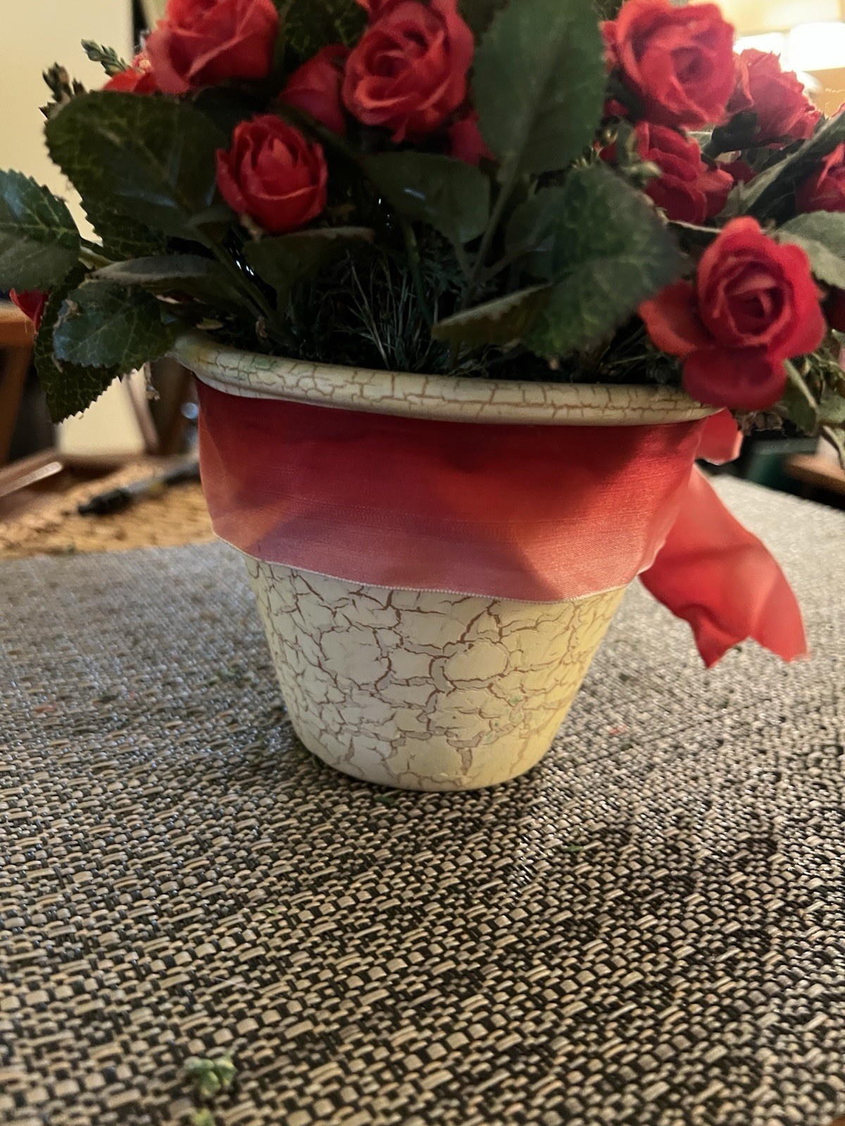 Red Rose Floral Arrangement in Crackle Pot Faux Silk Flowers Valentine Decor