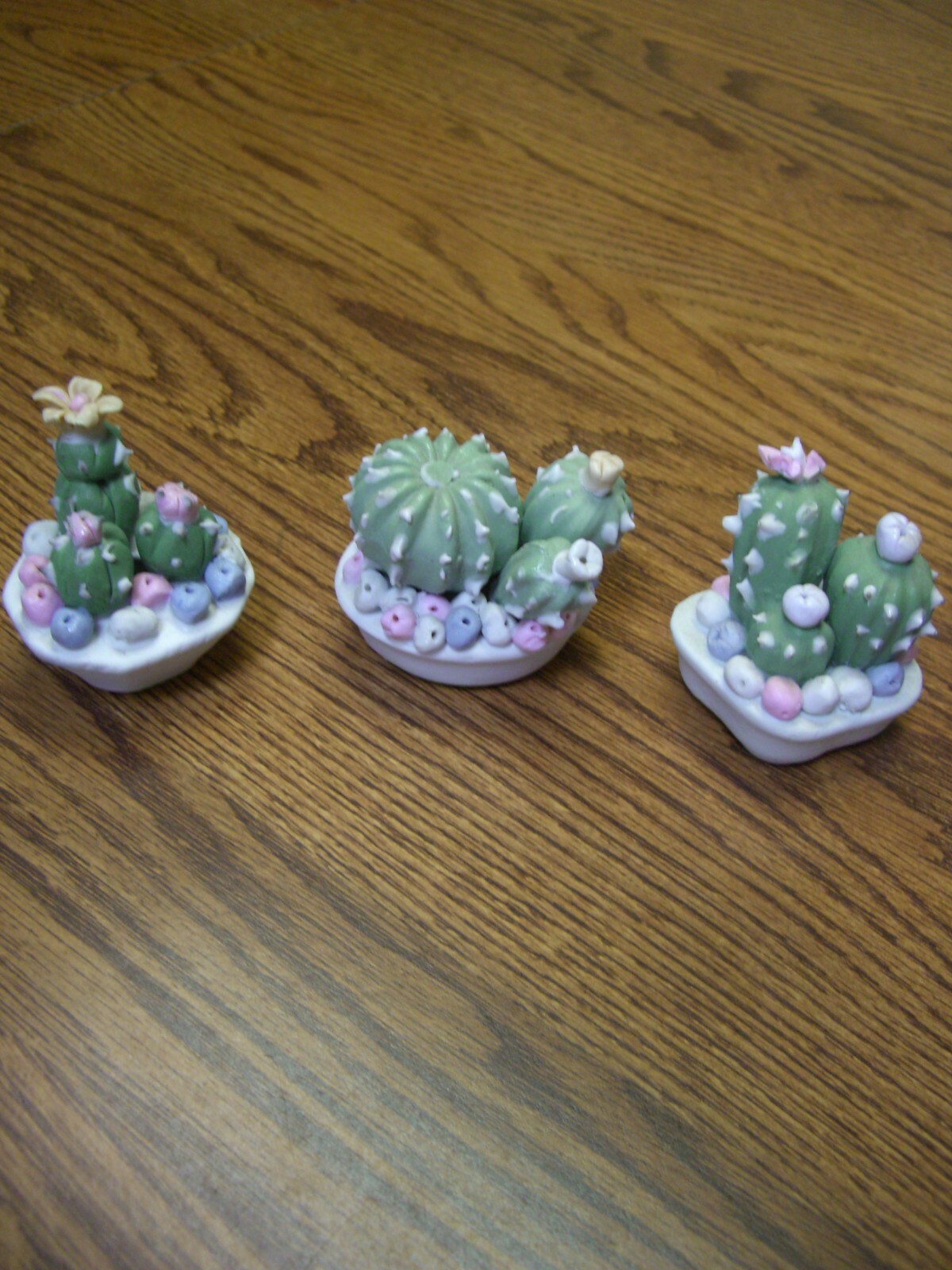 3 Cactus Plants//Small Multi-color Pastel Ceramic Floral Figurines