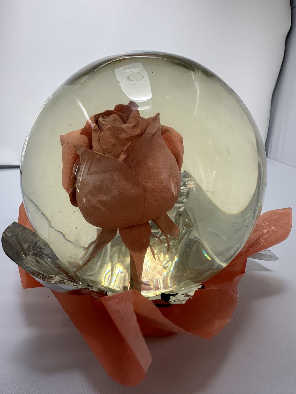 Vintage Suspended Rose Glass Bubble 6.5” tall by Mexiflower Orange Foil Netting