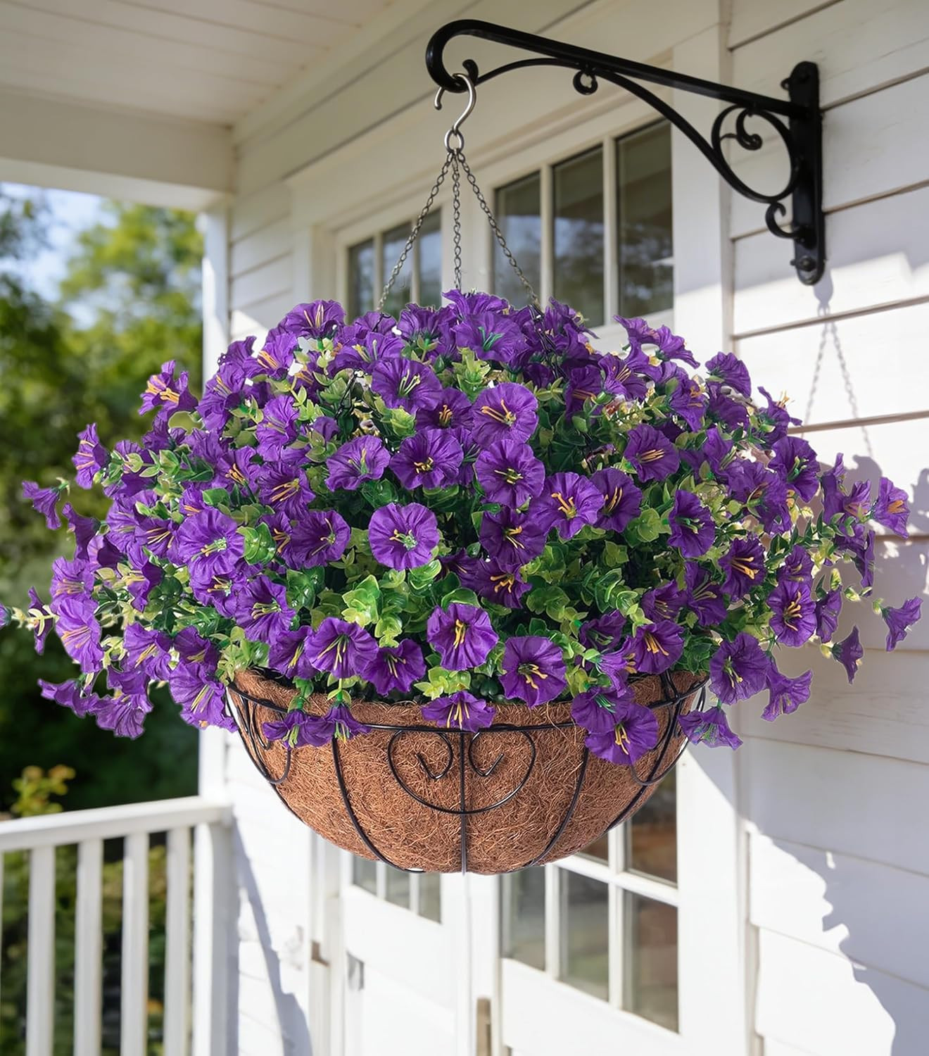 UV Resistant Faux Purple Morning Glory Basket for Outdoor Spring Decor
