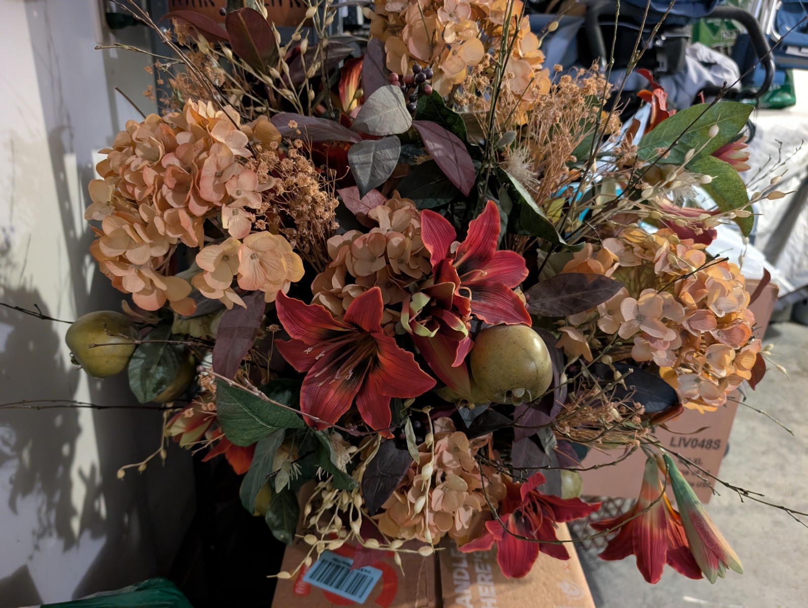 XL Gold & Burgundy/Maroon Artificial Flower Arrangement in Metal Basket