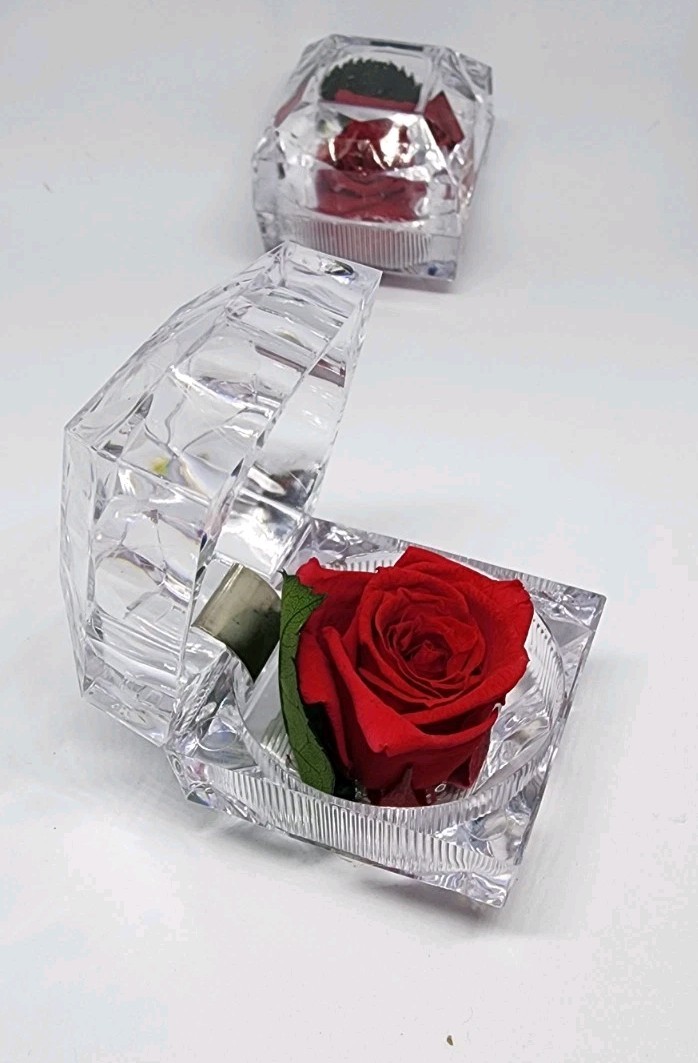 preserved Real red rose W Leaf In clear diamond shaped acrylic Ring box