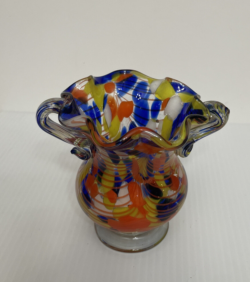 Vintage Double Handled Confetti Murano Vase Lavorazione Hand Blown Made in Italy