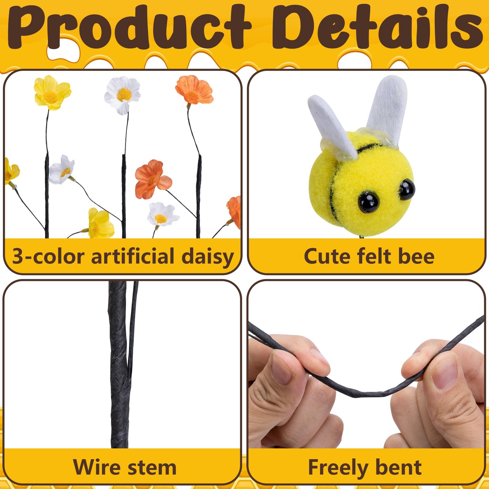 15 Pcs Felt Bee Stems with Artificial Flowers Picks, Felt Honeybee Branches F…